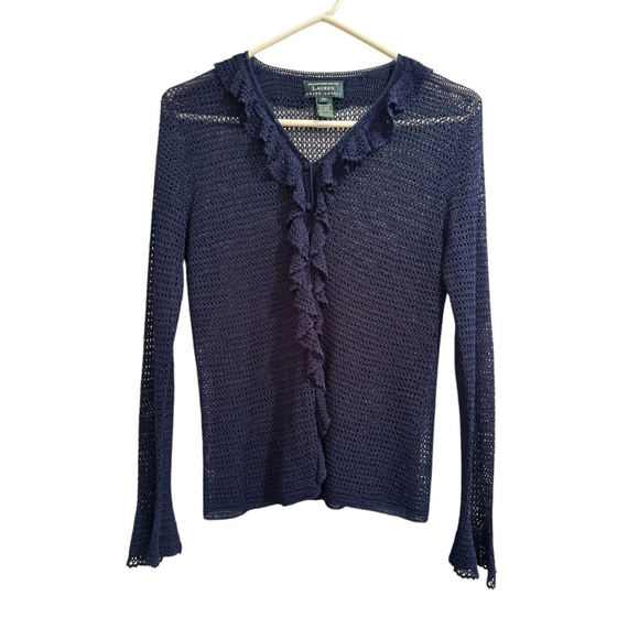 Lauren Ralph Lauren Hand Knit Cardigan Sweater Women M Blue Ruffle Long Sleeves - Picture 2 of 15